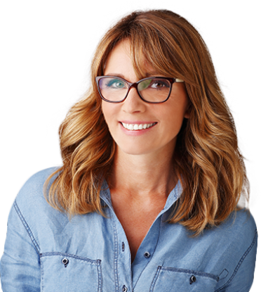 Smiling woman in glasses and denim shirt