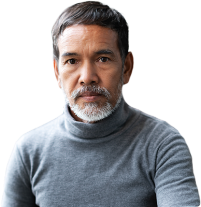 Older man in gray turtleneck sweater