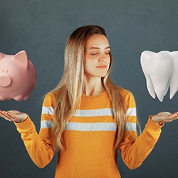 teeth whitening cost in Lady Lake represented by woman with piggy bank and tooth